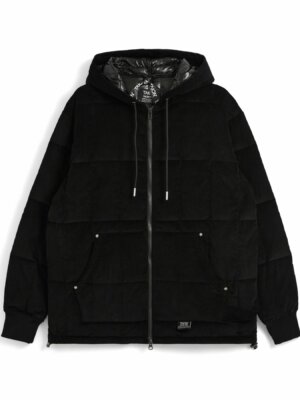 Work W-Zip Hooded Rib Corduroy Down Jacket Black - Taion